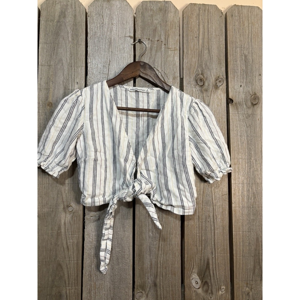 Abercrombie‎ & Fitch Linen Wrap Top Small Striped Tie Front Puff Sleeve Crop